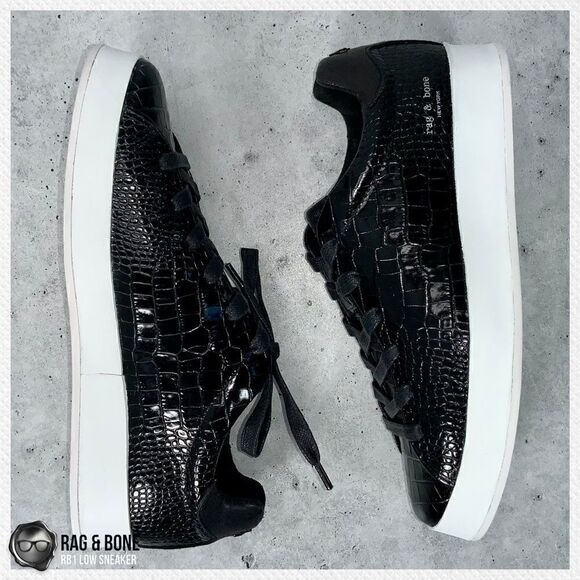 RAG AND BONE RB1 LOW PLATFORM SNEAKERS BLACK CROCODILE EMBOSSED LEATHER SIZE 7.5 - Picture 5 of 16